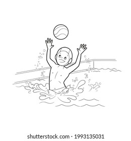 Coloring book boy water polo player athlete playing with ball in the pool.Vector illustration in cartoon style, black and white line art