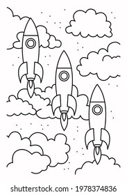 Coloring book for boys and girls. 3 rockets are flying into space. Clouds. Vector image.