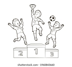 Coloring book boys soccer players jumping joyfully on the podium of the winners,celebrating the victory with the championship cup, medals.Vector illustration,cartoon,black and white isolated line art