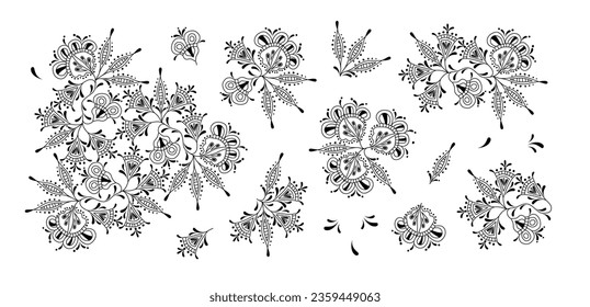 Coloring book branches pattern abstract flowers. Plants decorative. Vector drawing. Collection of design elements.