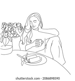 Coloring book of breakfast. Hand drawn illustration of woman with coffee or tea sitting sitting at the dinner table in the morning. Linear art. 