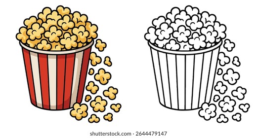 Coloring book of a bucket of popcorn spilling kernels on a white background illustration