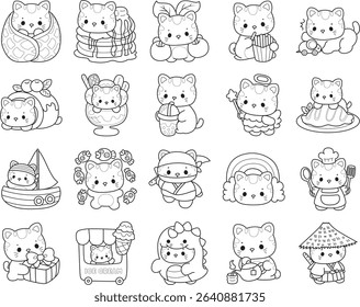 Coloring book of A bunch of cute cat with various activities. outline of kitten in the variation costume