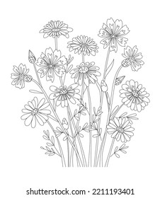 Coloring book with a bunch of meadow flowers. Daisy and carnation flowers with stalks and leaves. A beautiful rural ornate flower. A black and white outline adult colouring page with flowering plants