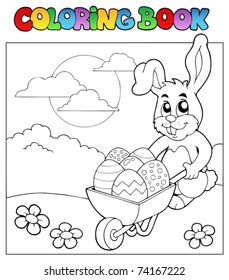 Coloring book with bunny and barrow - vector illustration.