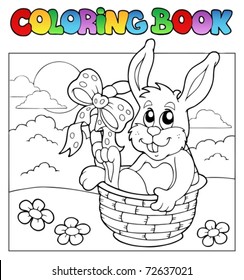 Coloring book with bunny in basket - vector illustration.