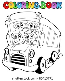 Coloring book with bus and children - vector illustration.