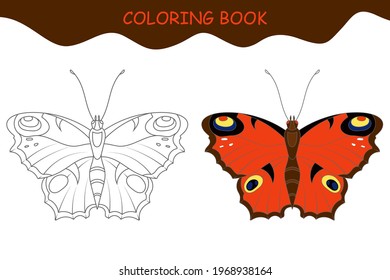 Coloring book Butterfly Peacock with example. Template for printing. Vector illustration.