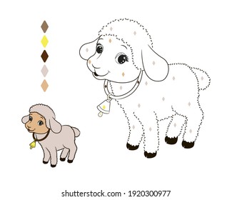 coloring book by dotted line and color, by numbers for the little ones, little lamb, lamb with a bell on its neck.Vector illustration, children's line art in cartoon style