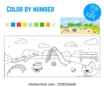 Coloring book by number for preschool kids with easy educational gaming level. Coloring by number page preschool activity. Kindergarten printable worksheet. Hand drawn homeschooling colour practice.