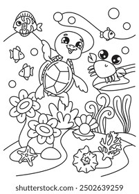 coloring book by numbers for children. Turtle and crab on the seabed. black white print illustration