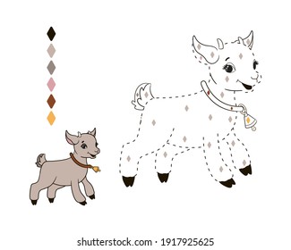 coloring book, by numbers, a little goat jumps merrily by ringing a bell. Vector illustration in cartoon style, line art for the little ones