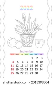 coloring book calendar 2022. cozy window with flowering houseplant, fruits, cup of tea and curtains. september