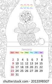 coloring book calendar 2022. cozy window with flowering houseplant and curtains. january