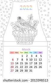 coloring book calendar 2022. cozy window with bird in flowerpot succulents  houseplants and curtains. march