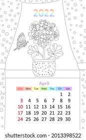 coloring book calendar 2022. cozy window with flowering houseplant and curtains. april