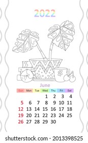 coloring book calendar 2022. cozy window with  houseplants and curtains, cup of tea and fruits on windowsill. june