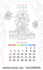 coloring book calendar 2022. cozy window with Poinsettia flowering houseplant, boxes of gifts and curtains. december