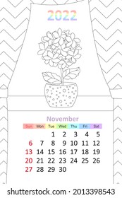 coloring book calendar 2022. cozy window with flowering houseplant and curtains. november
