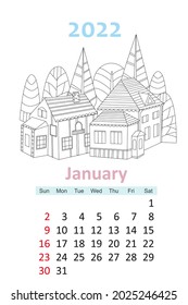 coloring book calendar 2022. cute houses surrounded by trees. january