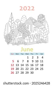 coloring book calendar 2022. cute houses surrounded by flowering trees. june