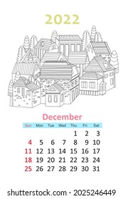 Coloring Book Calendar 2022. Cute Town With Trees. December