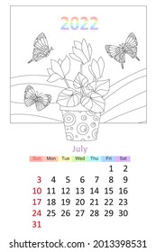 coloring book calendar 2022. flowering houseplant on window and flying butterflies around. july