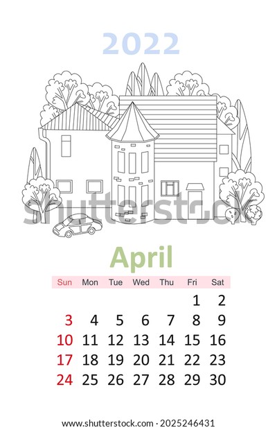 coloring book calendar 2022. retro house with tower\
surrounded by trees.\
april