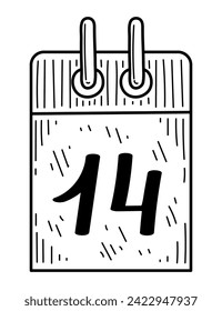 Coloring book calendar with date 14 doodle. Hand drawn vector illustration.