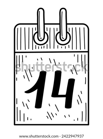Coloring book calendar with date 14 doodle. Hand drawn vector illustration.