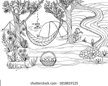 Coloring book camping with hammock, tents, food on the fire, flowers, trees. Vector illustration for a book, greeting card, poster, sticker, design, Wallpaper, game.