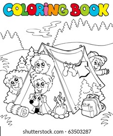 Coloring book with camping kids - vector illustration.