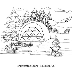 Coloring book camping with a tent, fire, wood, sun beds, Christmas trees, mushrooms. Vector illustration for a book, greeting card, poster, sticker, design, wallpaper, game.