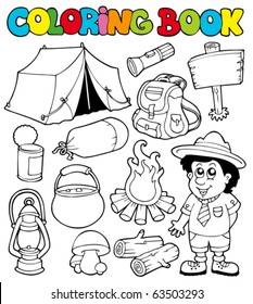 Coloring Book With Camping Theme - Vector Illustration.