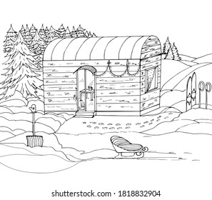 Coloring book camping in winter with a house, skis, sled, snow, forest, shovel. Vector illustration for a book, greeting card, poster, sticker, design, Wallpaper, game.