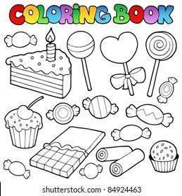 Coloring book candy and cakes - vector illustration.