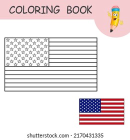 Coloring book with cartoon American flag. Color the Flag USA use to sample. National symbol for Independence, Memorial, President's day. Template of practice worksheet with Flag of the United States.