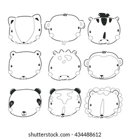 Coloring book, cartoon animals faces collection illustration vector.
