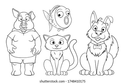 Farbbuch mit Cartoon-Tiere Satz von vier Zeichen. Einzeln auf weißem Hintergrund. Stockillustration