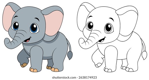 Coloring book cartoon baby elephant with a tiny trunk raised printable with outline vector illustration