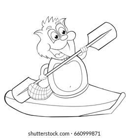 
Coloring book  cartoon beaver with canoe.  Vector clip art for children.
