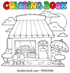 Coloring book cartoon candy store - vector illustration.