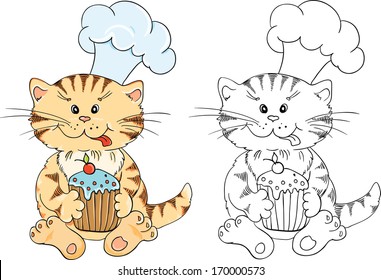 Coloring book with cartoon cat chef with cupcake for children education