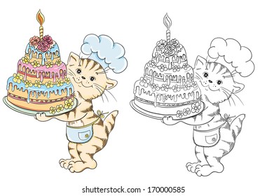 Coloring book with cartoon cat chef with birthday cake for children education