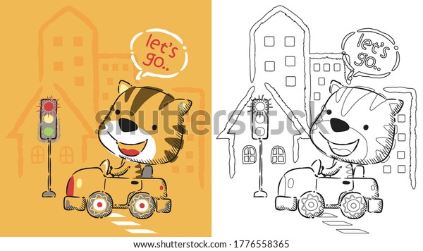 coloring book cartoon with cat driving car in hand drawn\
style 