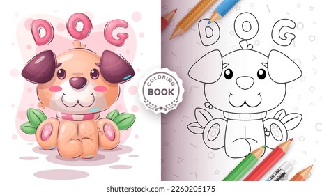 Coloring book cartoon character adorable dog, pretty animal idea for print t-shirt, poster and kids envelope, postcard. Cute hand drawn style puppy. Vector eps 10