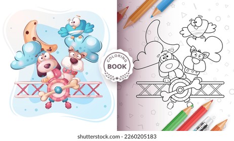 Coloring book cartoon character adorable fly animal, pretty animal idea for print t-shirt, poster and kids envelope, postcard. Cute hand drawn style airplane. Vector eps 10