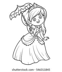 Coloring book, cartoon character, Princess with umbrella