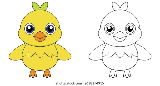 Coloring book cartoon chick standing with tiny wings out outline vector illustration