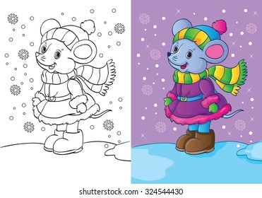 Coloring book or cartoon Christmas Illustration of funny mouse in winter clothes for children